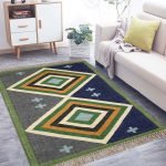 Hand Woven Green Blue Geometric Wool Jute Rug