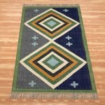 Hand Woven Green Blue Geometric Wool Jute Rug