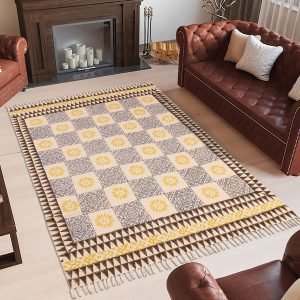 Yellow Checked Cotton Hand Block Printed Rug