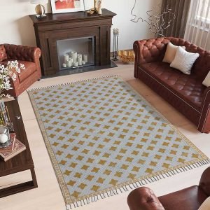 Yellow Hand Block Printed Geometric Cotton Area Rug