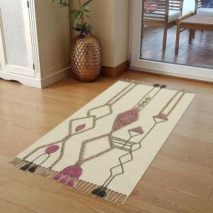 Beige Cotton Dhurrie Hand Embroidery Moroccan Area Rug