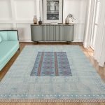 Blue Cotton Dhurrie Hand Embroidery Carpet Patio Area Rug