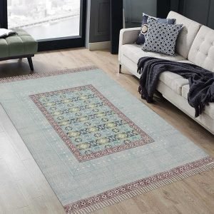 Blue Cotton Embroidery Rug Dining Room Hall Area Dhurrie