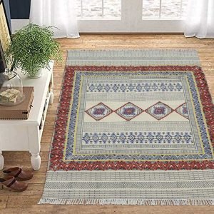 Cotton Dhurrie Red Embroidery Carpet Hall Patio Area Rug