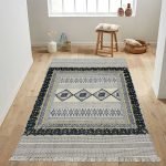 Black Embroidery Rug for Bedroom Cotton Hall Area Dhurrie