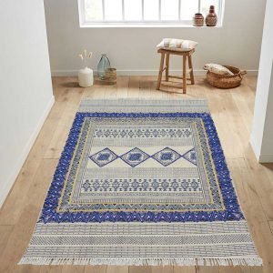 Blue Embroidery Rug Geometric Cotton Large Area Carpet