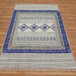 Blue Embroidery Rug Geometric Cotton Large Area Carpet