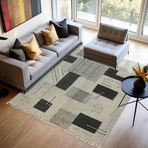 Gray Cotton Carpet Embroidery Rug Living Room Area Dhurrie