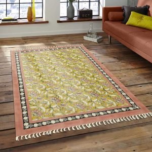 Yellow Cotton Dhurrie Block Printed Lobby Area Rug