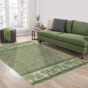 Green Cotton Hand Block Printed Bedroom Area Rug