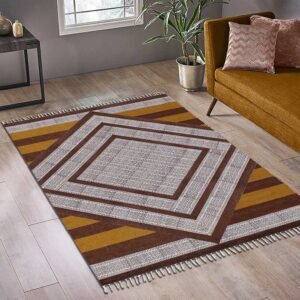 Hand Block Printed Geometric Cotton Brown Beige Interior Decor Rug