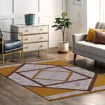 Cotton Yellow Beige Geometric Hand Block Printed Beautiful Rug